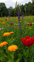 Photo Of A Colorful Field Of Blooming Flowers Under A Cloudy Sky