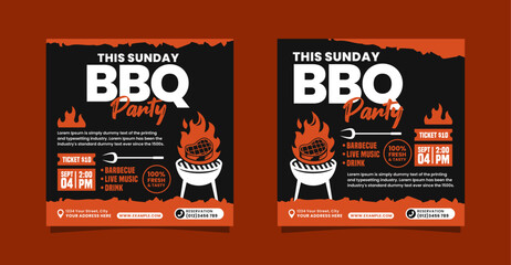 Social media post template design set for Sunday BBQ Party. Black background with orange shape and illustration. Suitable for Invitation, social media, flyers or poster and banners.