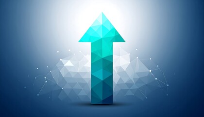 A teal, polygonal upward arrow stands out against a background of interconnected geometric shapes and soft gradients, signifying progress and growth.