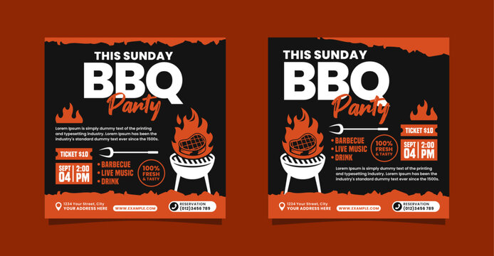 Social media post template design set for Sunday BBQ Party. Black background with orange shape and illustration. Suitable for Invitation, social media, flyers or poster and banners.