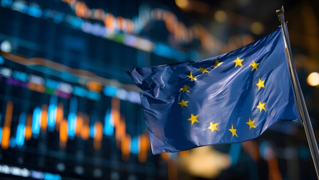 The European flag with yellow stars is blurred against the background of stock market charts,  - Powered by Adobe