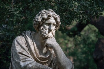 Fototapeta premium Stone statue of a bearded philosopher posed in contemplation, surrounded by lush greenery in a serene outdoor garden setting.