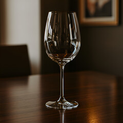 Photo of a Crystal Wine Glass on a Wooden Table with Soft Lighting and Blurred Background