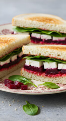 Photo of a Delicious Sandwich with Beet and Feta Cheese on Rustic Plate