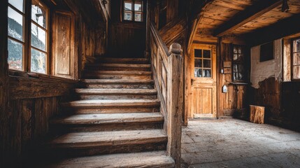 Rustic Wooden Stairway Leads to an Upper Level in a Cozy Cabin Interior Surrounded by Nature in the Mountains