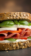 Photo of a Delicious Sandwich with Salami Mozzarella and Basil on Brown Grain Bread
