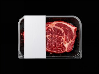 A raw ribeye steak in a black plastic tray with a blank white paper label. A high-quality food packaging mockup on a black background.