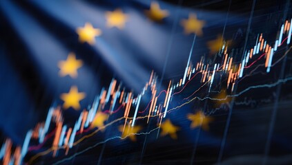 The European flag with yellow stars is blurred against the background of stock market charts,