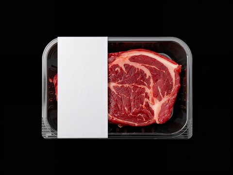 A raw ribeye steak in a black plastic tray with a blank white paper label. A high-quality food packaging mockup on a black background.