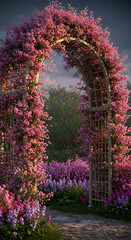 Photo of a Floral Arch Pathway with Pink Blossoms and Lush Greenery