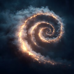 Swirling clouds illuminated by fiery spirals against a dark sky, creating a dramatic cosmic scene