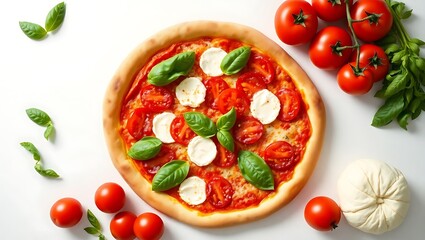 Minimalist flat lay of a Pizza Margherita surrounded by its raw ingredients&mdash;tomatoes, basil, mozzarella, dough ball&mdash;clean kitchen setting, crisp natural light