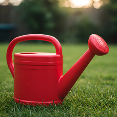 Photo of a Red Watering Can on Green Grass in a Bright Garden Setting