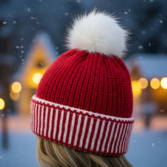 Photo of a Red Knitted Winter Hat with White Pom-pom and Snowing Background