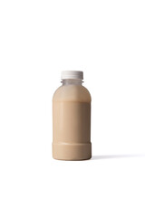 Plastic bottle filled with iced coffee or milk tea isolated on white background, ready to drink beverage container for refreshment and packaging design.