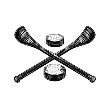 Two crossed hurley sticks and sliotar pucks in vintage engraving style Gaelic games