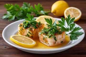 Fish in aspic decorated with lemon and parsley resting on white plate