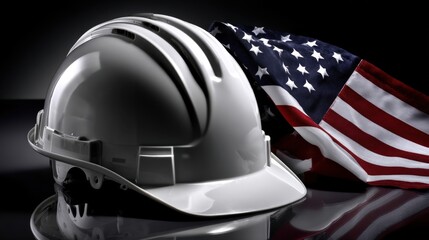 A hard hat sits next to an American flag on a dark surface. This setting highlights safety in construction and the importance of American workers