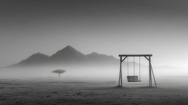 Misty desert landscape with swing - Powered by Adobe