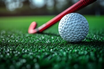 White hockey ball and red stick on green artificial turf field hockey stick