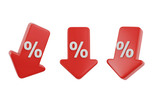 Three red downward arrows with percentage signs indicating business decline and sales discounts transparent background