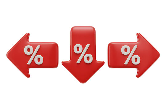 Red percentage signs on arrows showing downward trend and financial decrease business concept transparent background