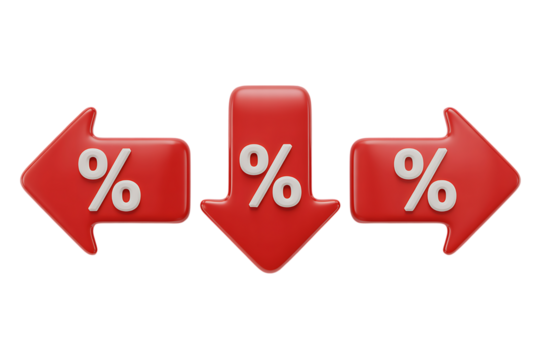 Red percentage signs on arrows showing downward trend and financial decrease business concept transparent background