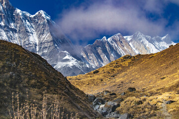 Annapurna mountain range in Nepal himalaya with golden grass covered hills and snow-covered peaks under blue sky