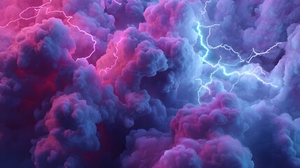 Dramatic storm clouds illuminated by vibrant pink and blue lightning bolts in a surreal sky