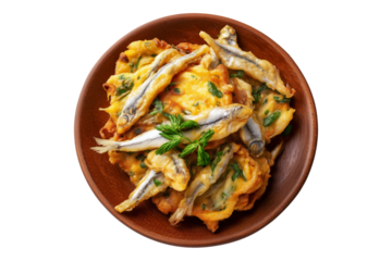 Whitebait Fritters small fish mixed with egg and fried like pancakes on wooden plate, isolated on white transparent background. Concept of New Zealand cuisine