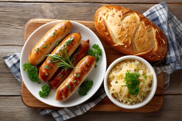 Grilled sausages with sauerkraut and pretzel bread on wooden cutting board