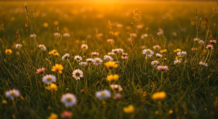 Golden Hour Meadow: Daisies and Wildflowers Bathed in Warm Sunlight