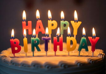 Lit Birthday Candles Spelling "Happy Birthday" on Frosted Cake – Warm Celebration Scene