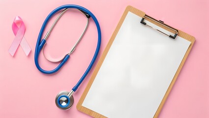 Pink ribbon and stethoscope with blank clipboard for breast cancer awareness