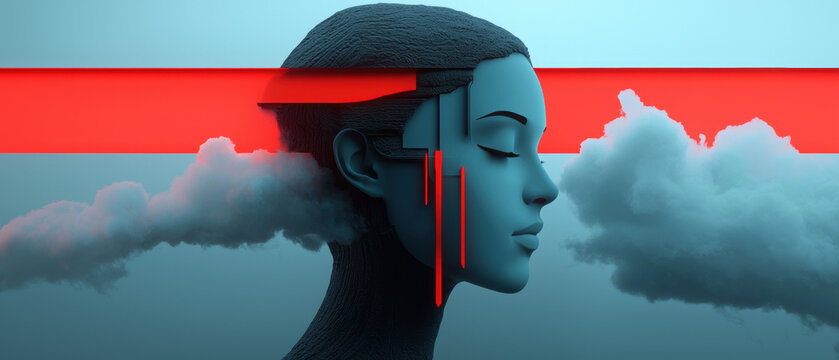 A digital illustration of a woman's head and shoulders, with a futuristic aesthetic.