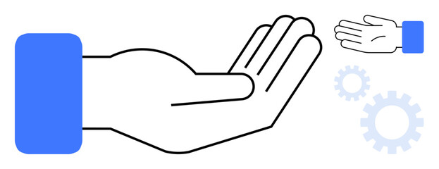 Outstretched hand facing upwards alongside gear elements representing collaboration, teamwork, support, offering, problem-solving, innovation, and productivity. Ideal for business, communication