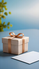 Obraz premium Elegantly Wrapped Gift with a Silken Ribbon and a Blank Card on a Softly Lit Blue Surface