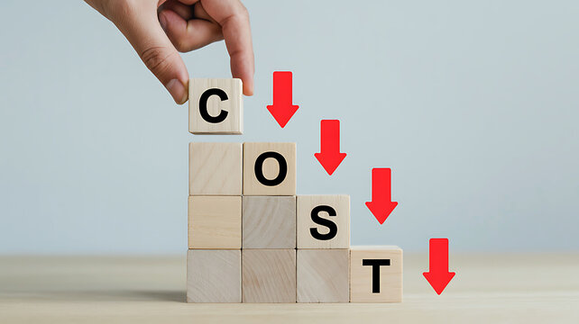 Hand placing wooden block with letter c on cost blocks showing cost reduction and savings concept