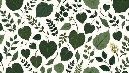 Seamless Botanical Pattern with Green Plants and Flowers