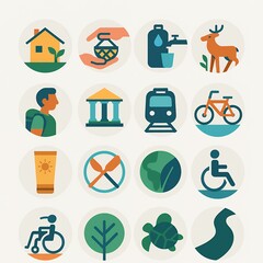 Eco Tourism Icons Set with Homestay, Fair Trade, Water Refill, Wildlife, Local Guide, Heritage, Train, Bicycle, Reef Safe Sunscreen, Plastic Free, Accessibility, Nature and River