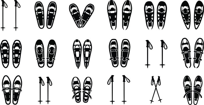 Set of snowshoe and trekking pole icons, representing winter sports and outdoor activities in snowy landscapes