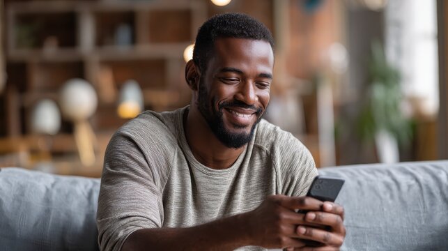smiling african american man holding smart phone using social media apps sitting on couch at home black guy texting remote learning ordering distance delivery or chatting online in application no log
