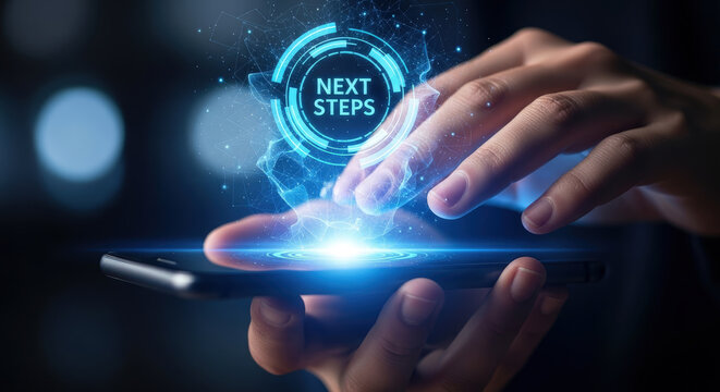 Person touches blue holographic 'Next Steps' on their mobile phone in a futuristic display - Powered by Adobe