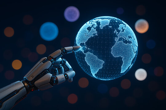 A futuristic robotic hand gently touches a holographic blue globe, symbolizing artificial intelligence's global influence and technological connectivity across the world