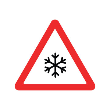Red triangle warning sign black snowflake icon winter weather alert icy road caution snow hazard symbol