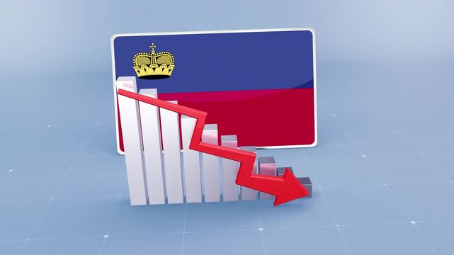 Liechtenstein Country Flag and Bar Chart Graph Showing Decreasing Values a Red Arrow Economic Crisis Concept