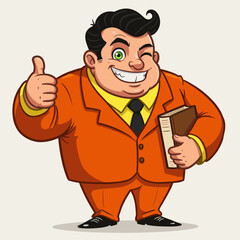 Winking cartoon man in orange suit, smiling and holding a book with a thumbs-up.