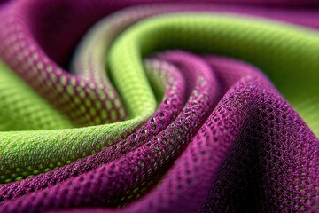 Fototapeta premium Close-up view of a vibrant, textured fabric with a swirling pattern of lime green and deep purple hues, showcasing intricate mesh detail.