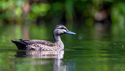 A spotted duck glides gracefully across a tranquil pond, its speckled plumage reflecting the vibrant greenery surrounding it.