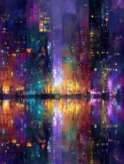 Fototapeta premium abstract cityscape with vibrant neon colors reflecting on water creating a magical and energetic urban night scene